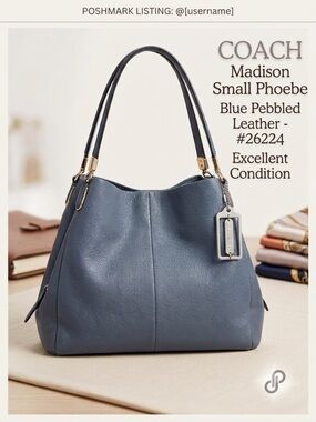 COACH Madison Small Phoebe Blue Pebbled Leather Shoulder Bag Hobo 26224